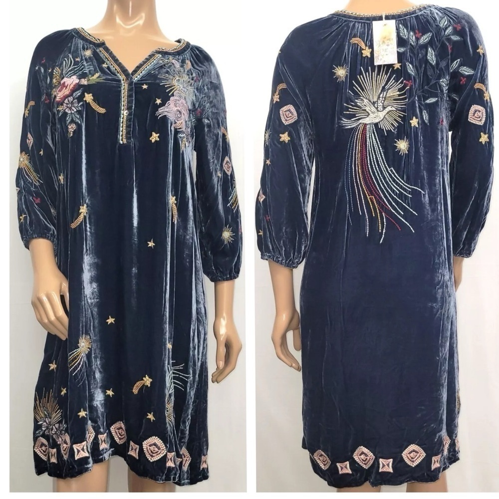Johnny Was embroidered Selah Celestial Velvet Puff Sleeve Raglan Dress NWT RARE - Picture 13 of 16